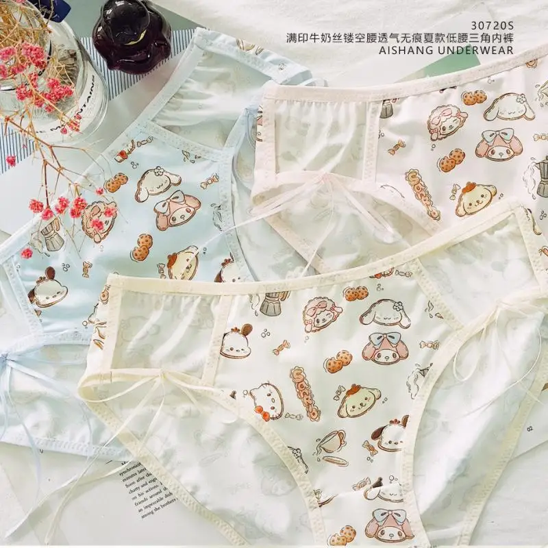 3Pcs Sanrio Girl Cow Milk Silk Sexy Triangle Pants Kawaii Hello Kitty Comic Ventilation Lift Buttocks Antibacterial Underpants