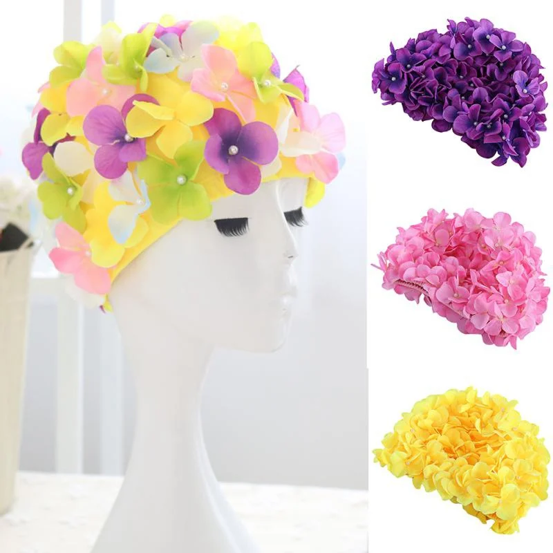 Women Floral Swimming Cap Colorful Shower Cap with 3D Artificial Flower Decoration for Home Swimming Pool Beach Seaside Travel