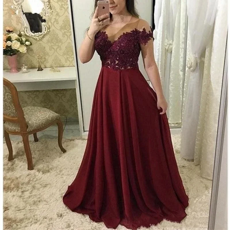 Burgundy Long Evening Party Gowns Chiffon Vestidos De Festa Sexy Illusion Neckline Special Occasion Prom Dress HOT