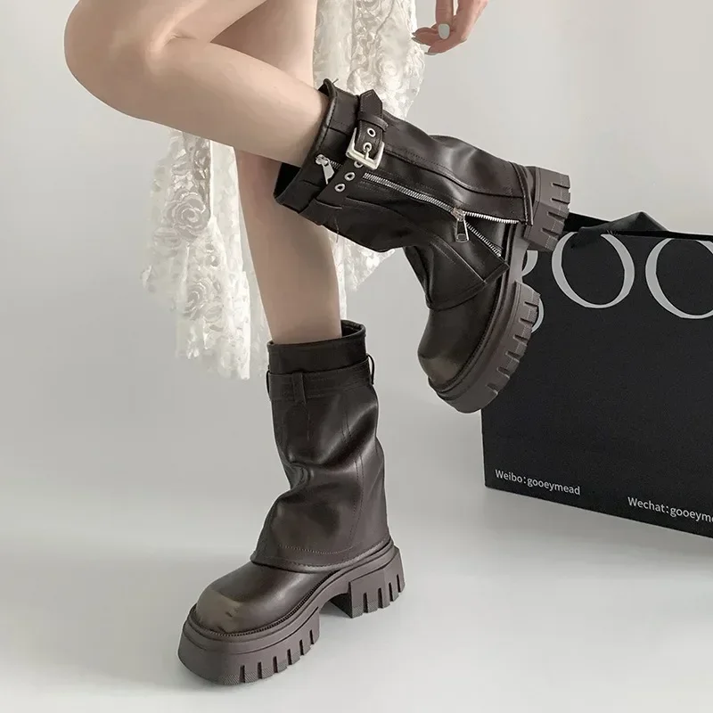 Women's Boots Brown British Style Thick Sole  New Autumn Height Increasing Platform Retro Comfort Anti Slip Knight's Boots