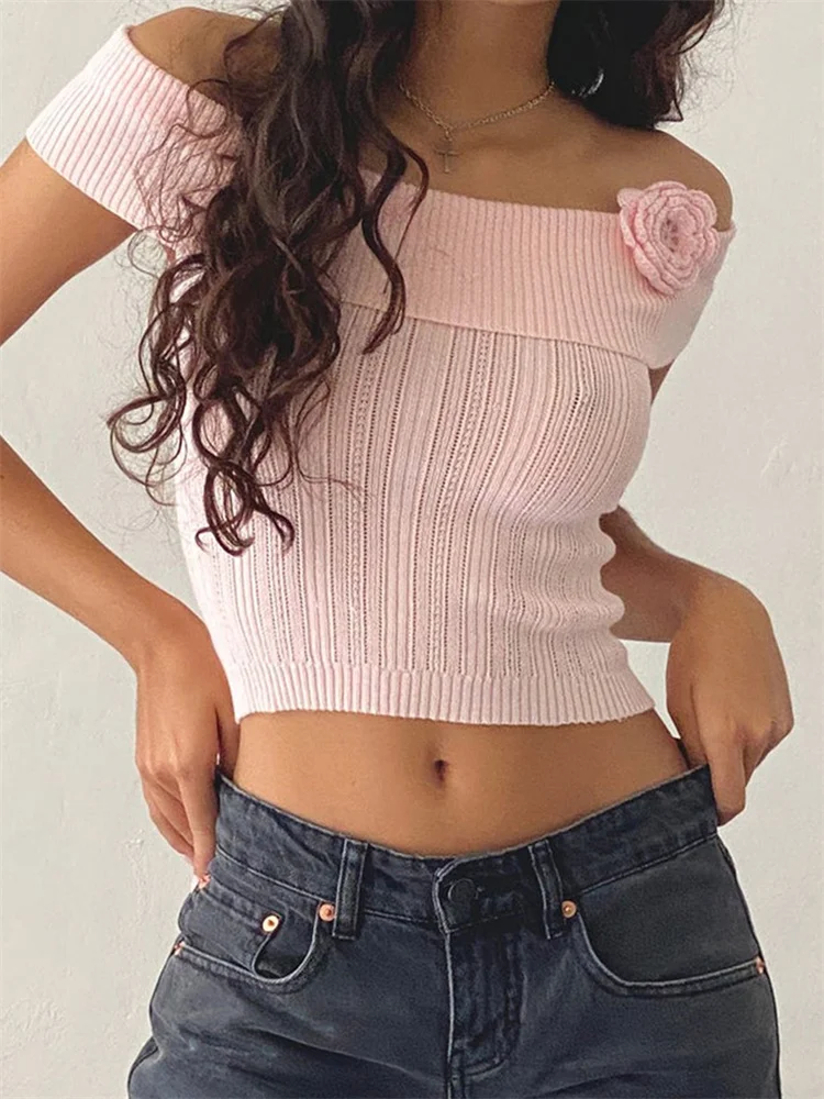 CHRONSTYLE Women Knitted Tees Crop Tops Solid Color 3D Flower Patchwork Slash Neck Off Shoulder Summer Slim T-Shirts Streetwear