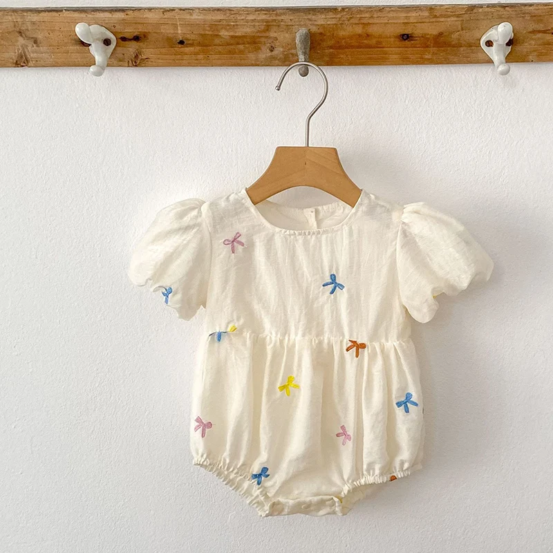 

Summer Baby Girls Clothes Embroidered Bow Short Sleeve Romper Lace Bodysuit Doll Collar Jumpsuit Outfit Girls Climbing Clothes