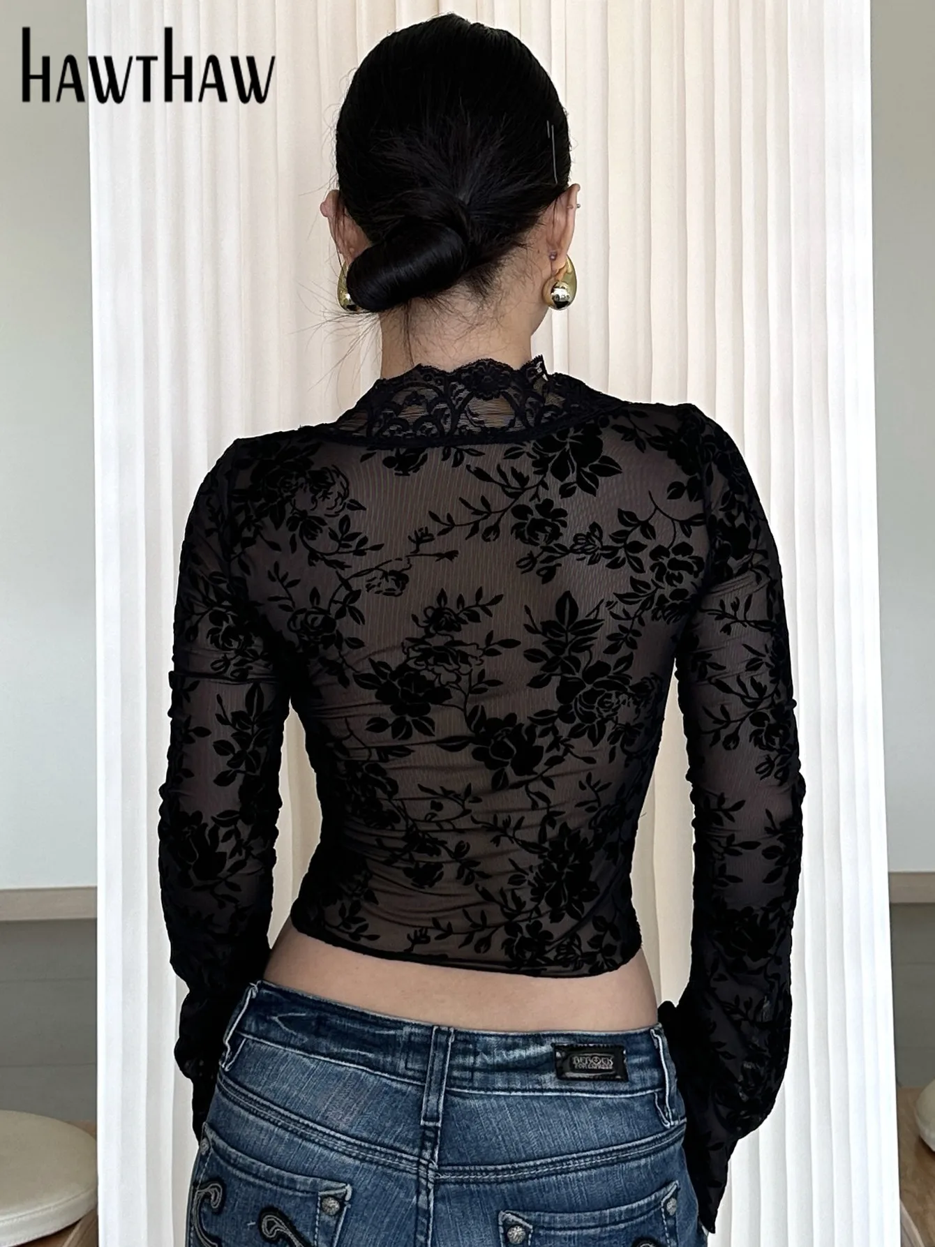 Hawthaw 여성 2025 봄 여름 긴 소매 파티 클럽 streetwear 레오파드 크롭 탑 t 셔츠 비즈니스를위한 도매 품목