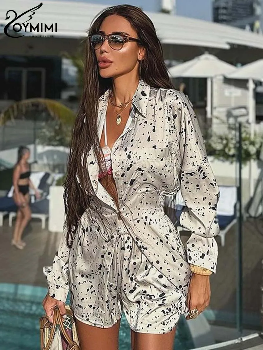 Oymimi Fashion Khaki Print Sets For Women 2 Pieces Elegant Lapel Long Sleeve Button Shirts And High Waist Slim Shorts Female Set