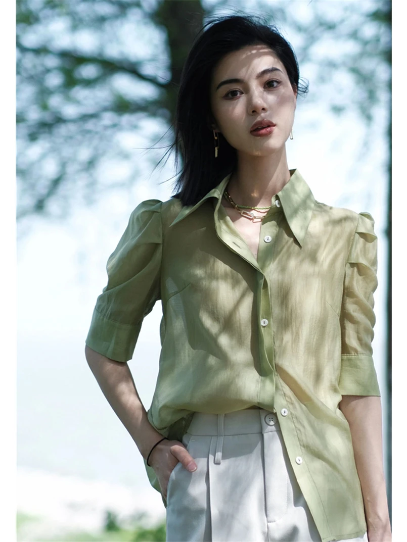 Zomer Dames Tops Button Up Lyocell Lichtgewicht Blouse Effen Kleur Retro Casual Shirt Kantoor Dames Bladerdeeg Mouw Trui Tops