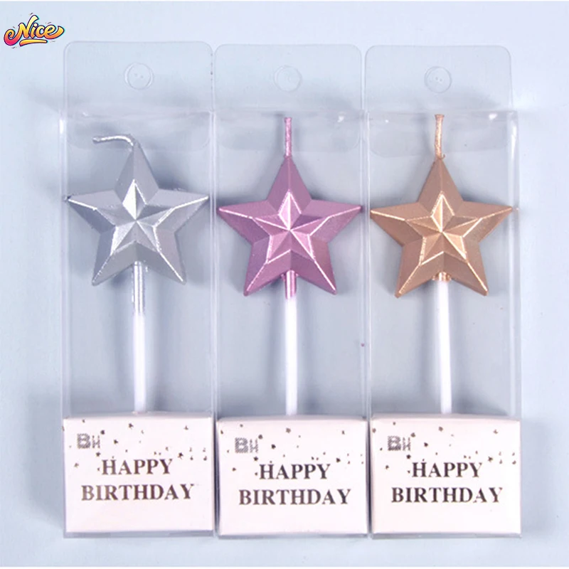 3/5 pezzi candela 3D forniture per feste di compleanno stella cuore oro argento paraffina champagne cake topper candela di compleanno decorazione cupcake