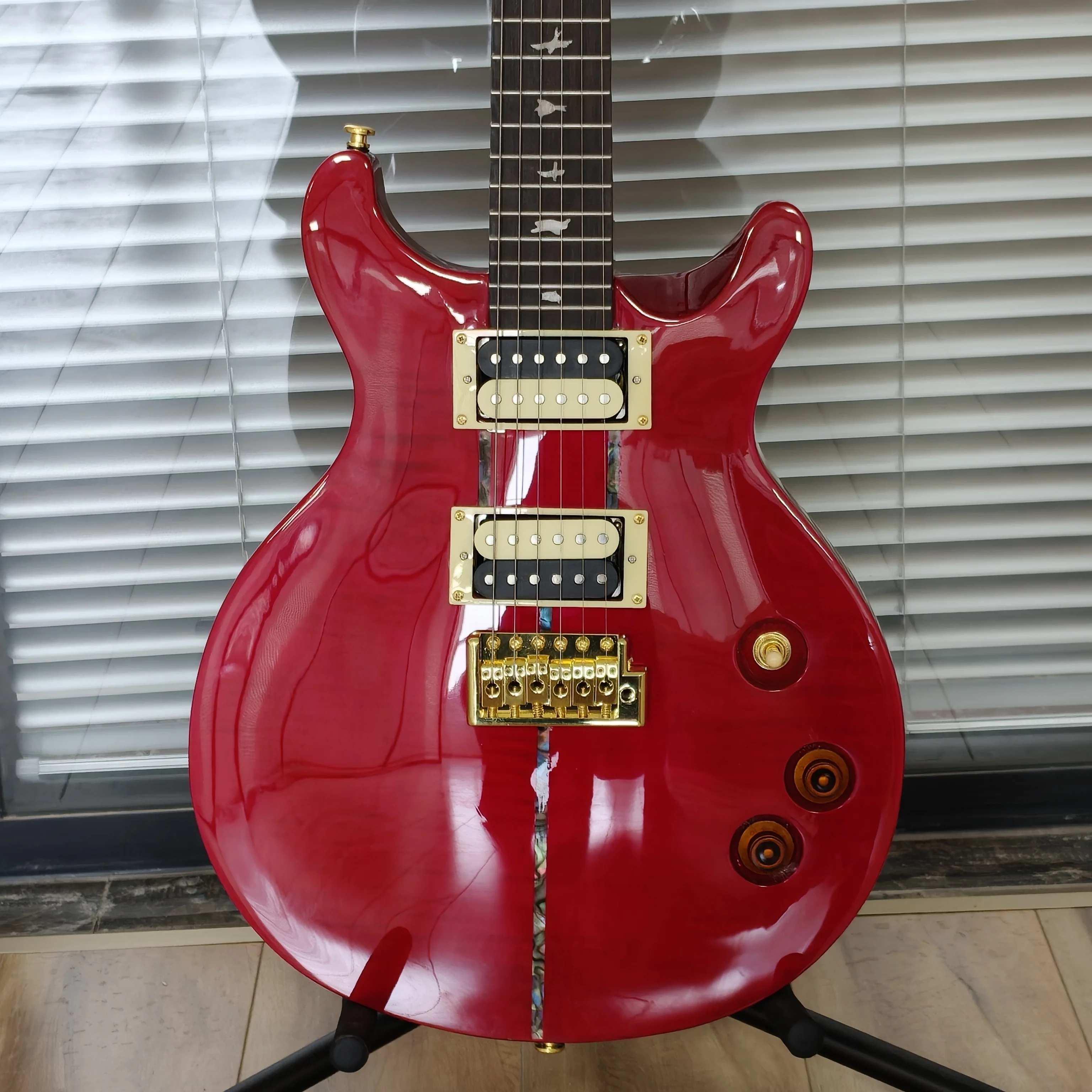US Warehouse PRS Style Electric Guitar Wine Red Tiger Flame Maple Top Abalone Binding Bird Inlay Gold Hardware For Stage & Studio