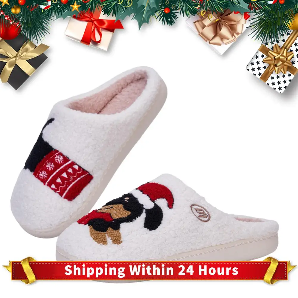 

Рождественские плюшевые тапочки с таксой, закрытые тапочки, удобные термотапочки на плоской подошве, милые мягкие меховые тапочки, противоскользящие зимние тапочки