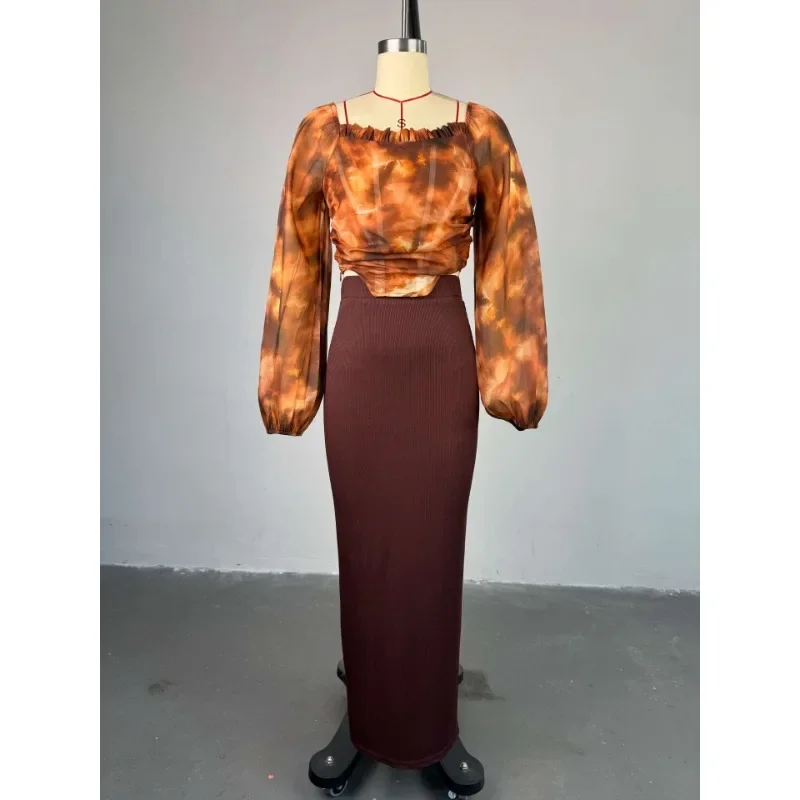 

New square collar lantern sleeve shirt high waisted skirt two-piece set