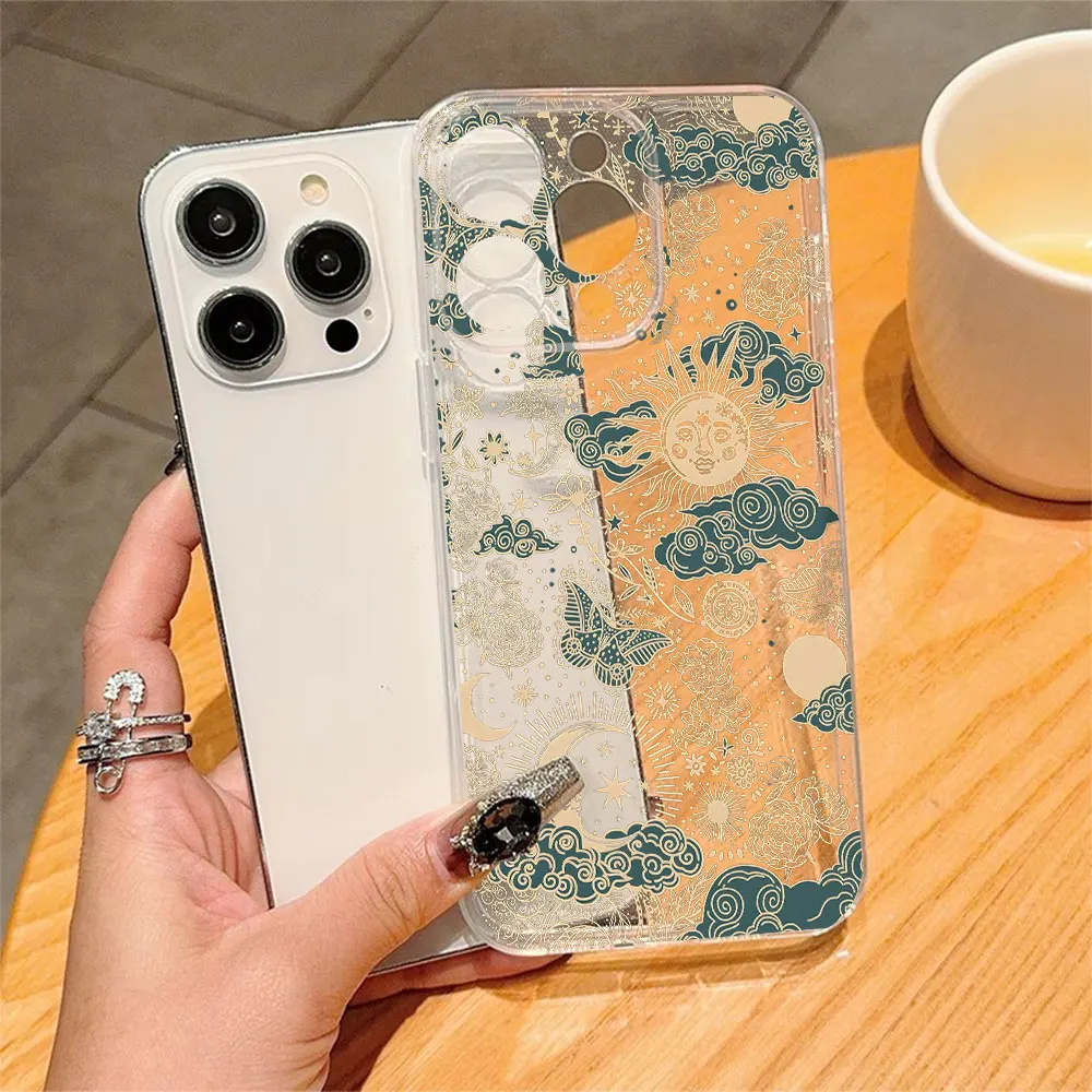 Retro Sun Moon Star Pattern Transparent Case For iPhone 18 17 16 15 14 13 12 11 Pro Xs Max Mini Plus XR 17e 16e Anti Fall Cover