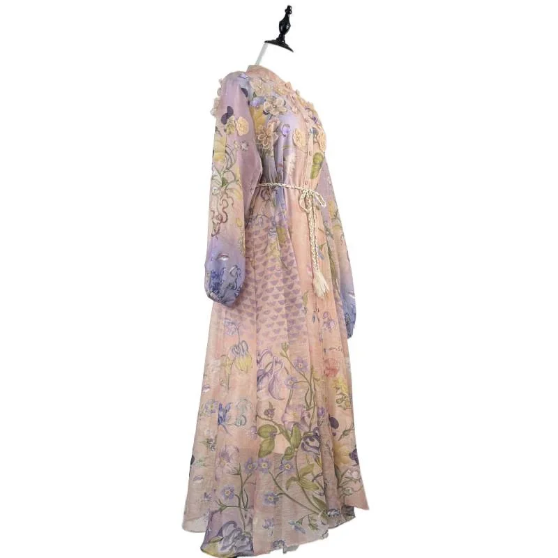 Retro Floral V-ne Belted Maxi Dr Autumn New Sle Ele Holiday Wind Large Swing Slimming High Waist Polyester Fiber L...