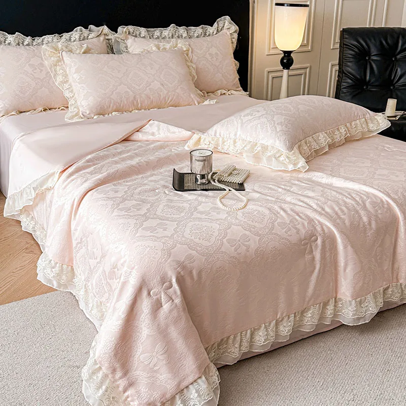 Summer Faux Silk Jacquard Cooling Quilt Korean Princess Lace Air Conditioning Quilts 200X230Cm Double Skin-Friendly Home Decor