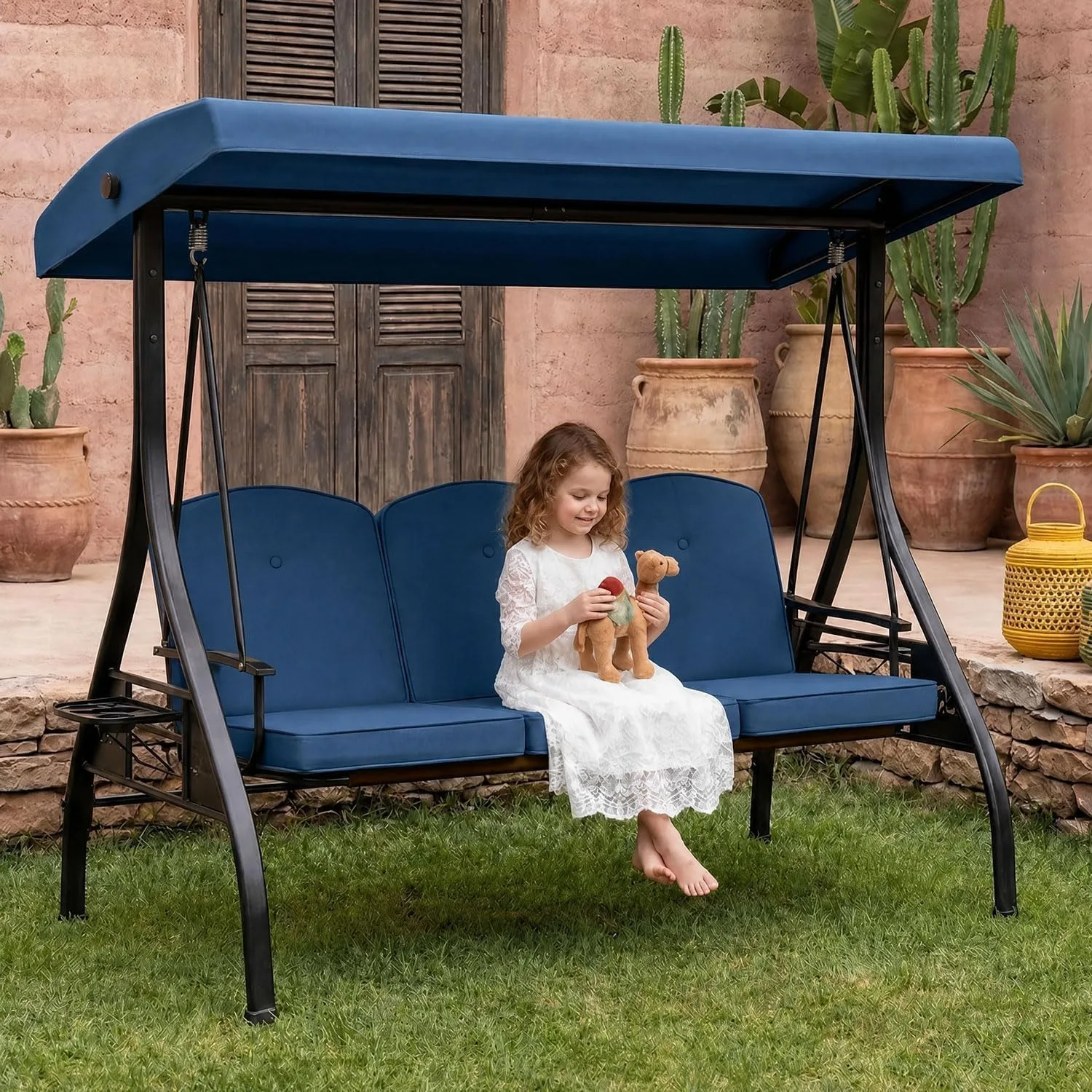 Patio Swing with Adjustable Canopy 3-Seat Outdoor Porch Swing with Stand for Adults 2-in-1 Convertible Swing Bed Chair with Cushions & Cup Holder for Garden Yard Balcony Deck