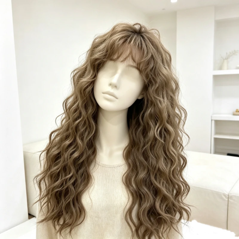 Light Brown Long Fleece Curled Synthetic Wig with Air Bangs 24 Inches Fluffy Water Wave Heat Resistant Fiber Full Wig