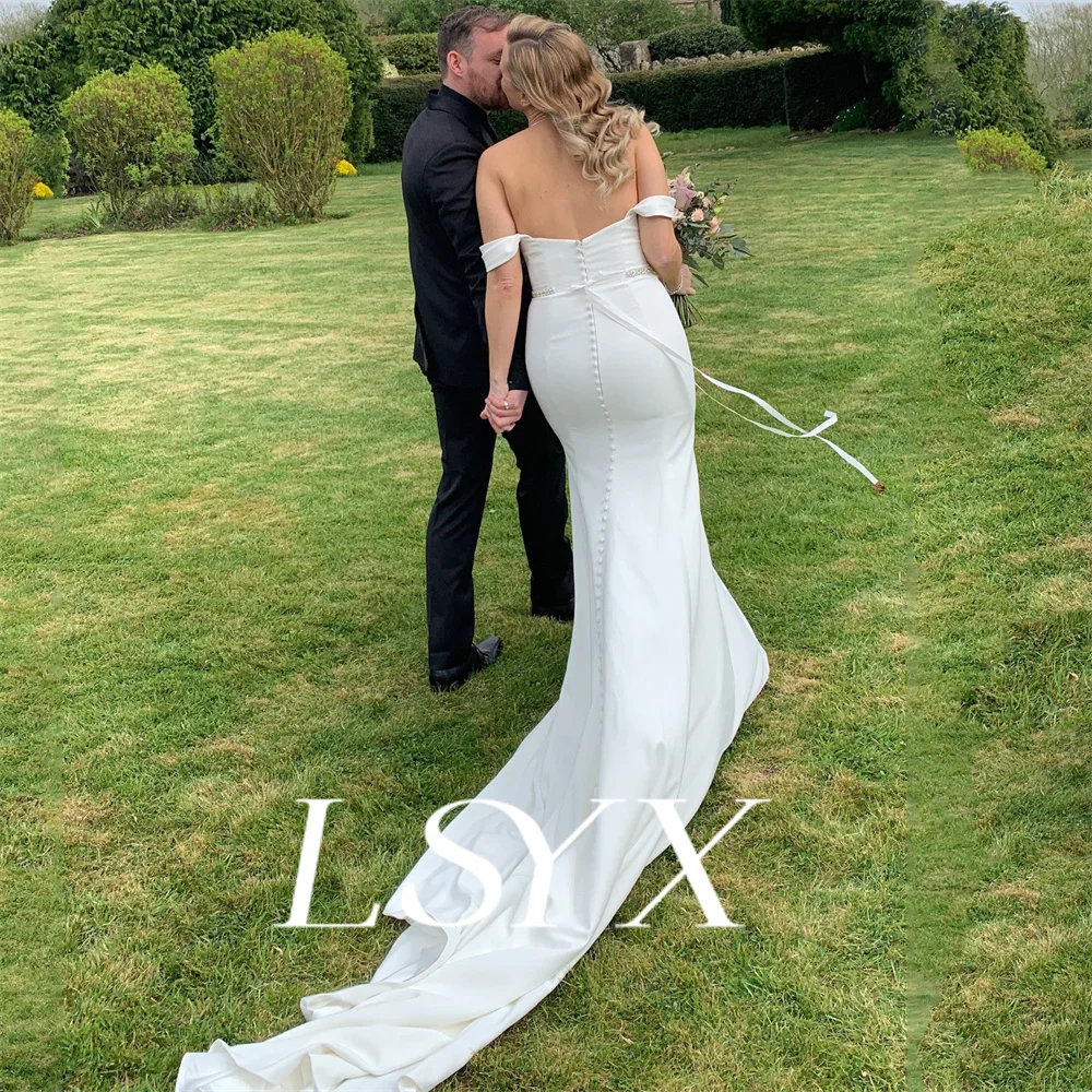 LSYX Off-Shoulder V-Neck Simple Button Mermaid Wedding Dress For Women Elegant Zipper Back Floor Length Bridal Gown Custom Made