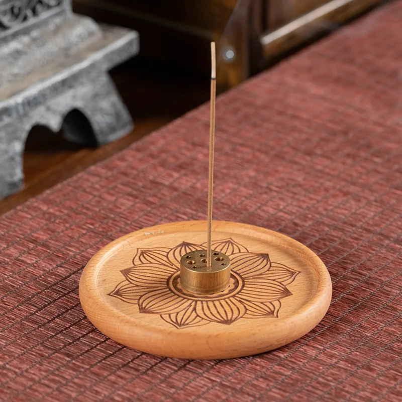 Zenlotus/wood Buddhist Incense Tray with Nine-hole Brass Incense Stick/Incense Holder Home Indoor Office Wooden Incense Burner