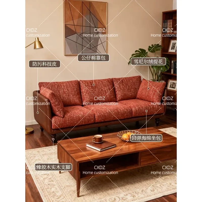 Retro Fabric Sofa 3 Seater Straight Row Removable Washable Cover Mid Century Modern Style Living Room Furniture for Small