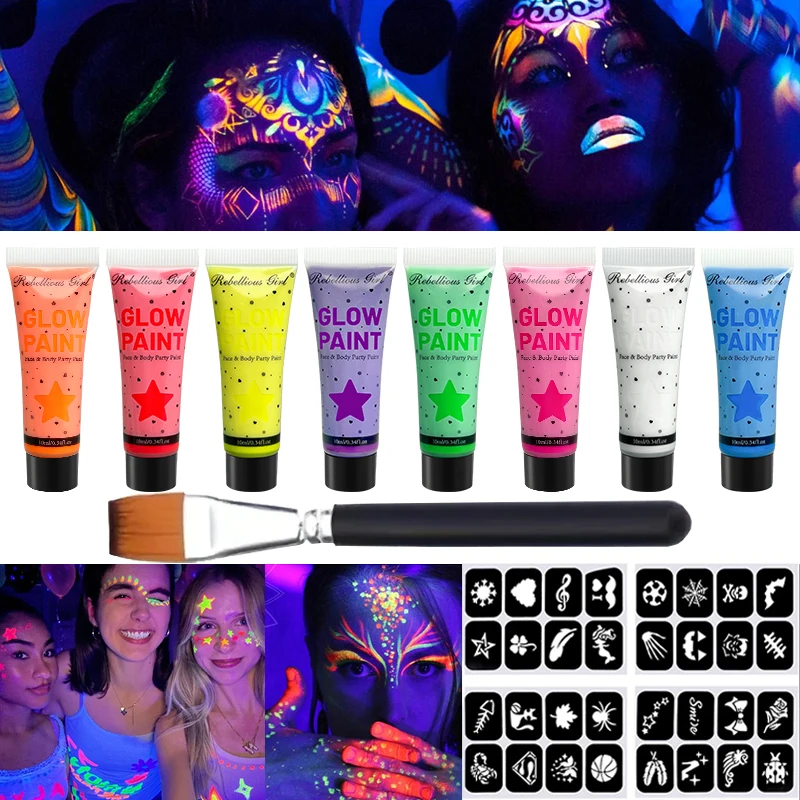 10pcs Set for 8pcs 10ml Fluorescent Face & Body Paint Set,4 Stencil Stickers with 1 Brush,UV Glow,Long-Lasting Bright for Partie