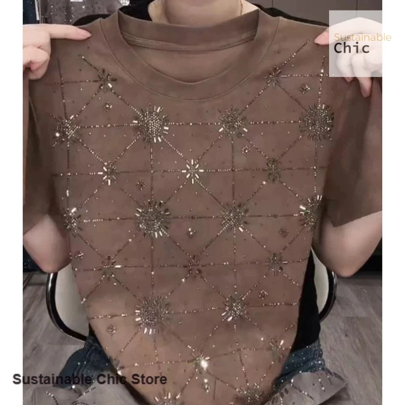 Korean version of simple fashion grey tie-dye rhinestones shoulder short sleeve T-shirt women's summer new slim joker top.