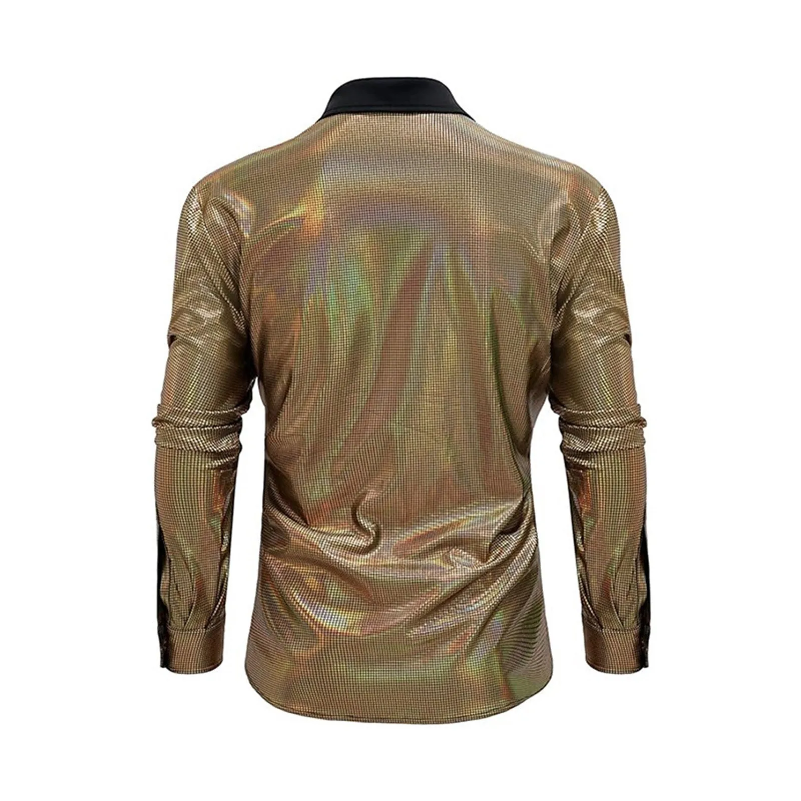 Stage Performance Carnival Party Men Shirts Shiny Long Sleeve Lapel Singel Breasted Clothing Tops Color Blocked Gold Blouses Top