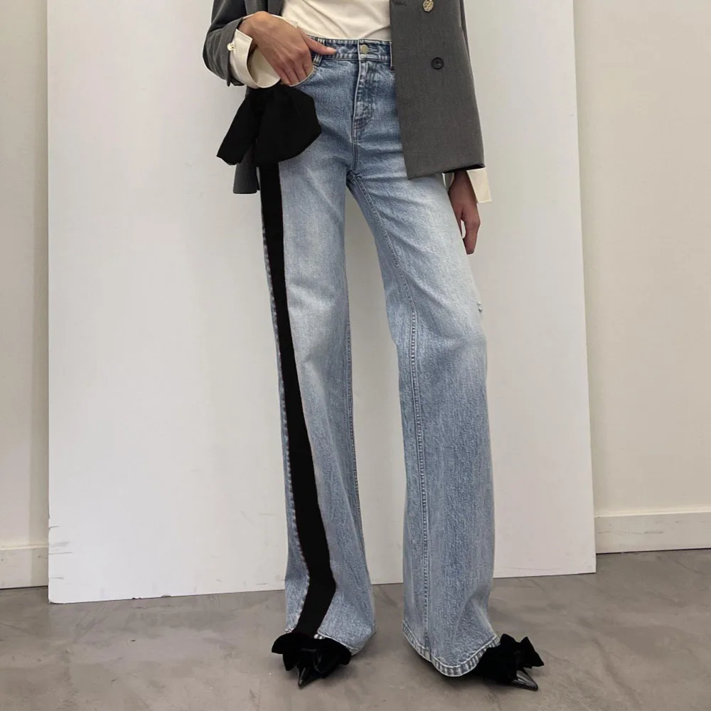 Women's Y2K Vintage Washed Velvet Webbing Splicing High Waist Straight Pants Cotton Commuter Jeans for Early Spring 2025