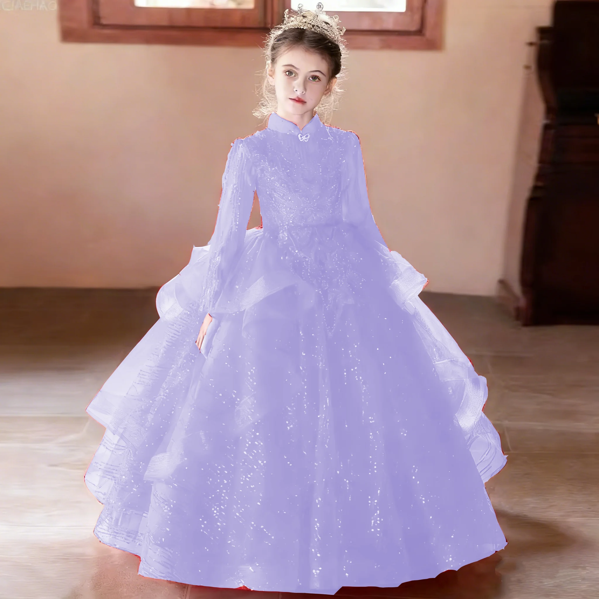 2026 Pink New Host Children Girls Piano Performance Gown Beauty Pageant Evening Costume Clothes Children Red Princess Ball Gown