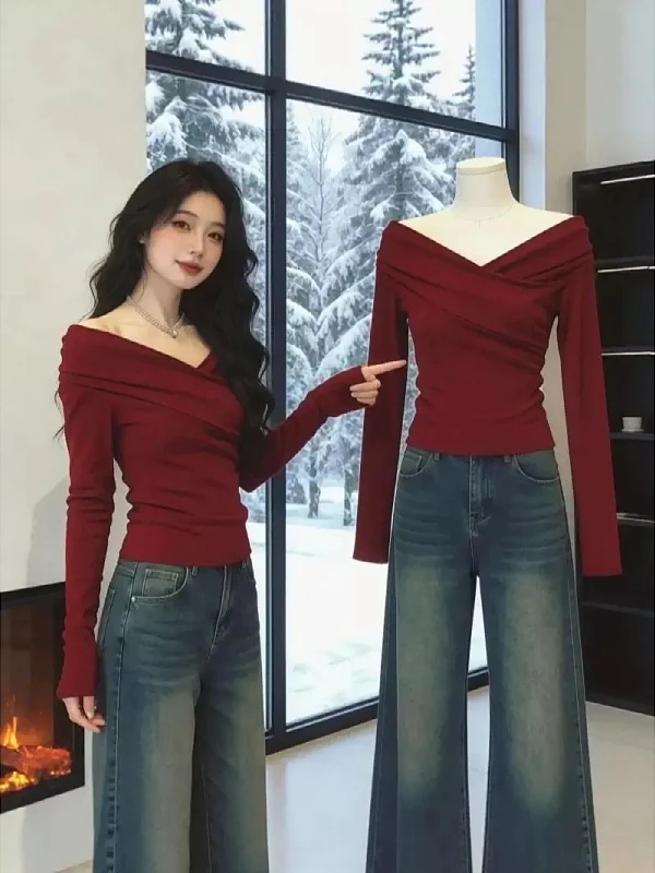 

plus Size Women's Vintage Red Cross V-Ne T-irt Winter New Year Inner Wear Base irt Top Korean Sle Slim Fit Long Sve