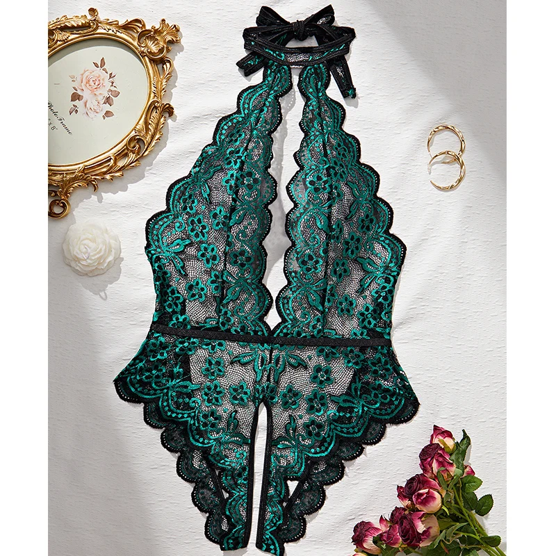 Green Translucent Open Crotch Lace Sexy Lingerie Teddy Deep V Crotchless Underwear Women Sex Backless Bodysuit Erotic Costumes