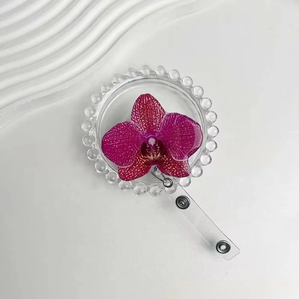 Acrylic Resin ID Card Badge Holder Clip Orchid Design Pull-Off Orchid ID Badge Retractable Retractable Badge Reel For Women