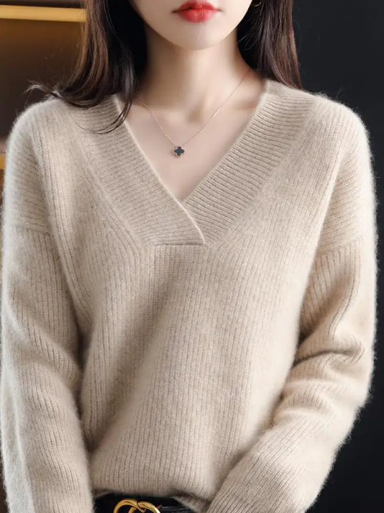 V-Neck Autumn Winter Sweater pullovers Women 2024 loose thick cashmere Sweater Pullover women oversize sweater jumper