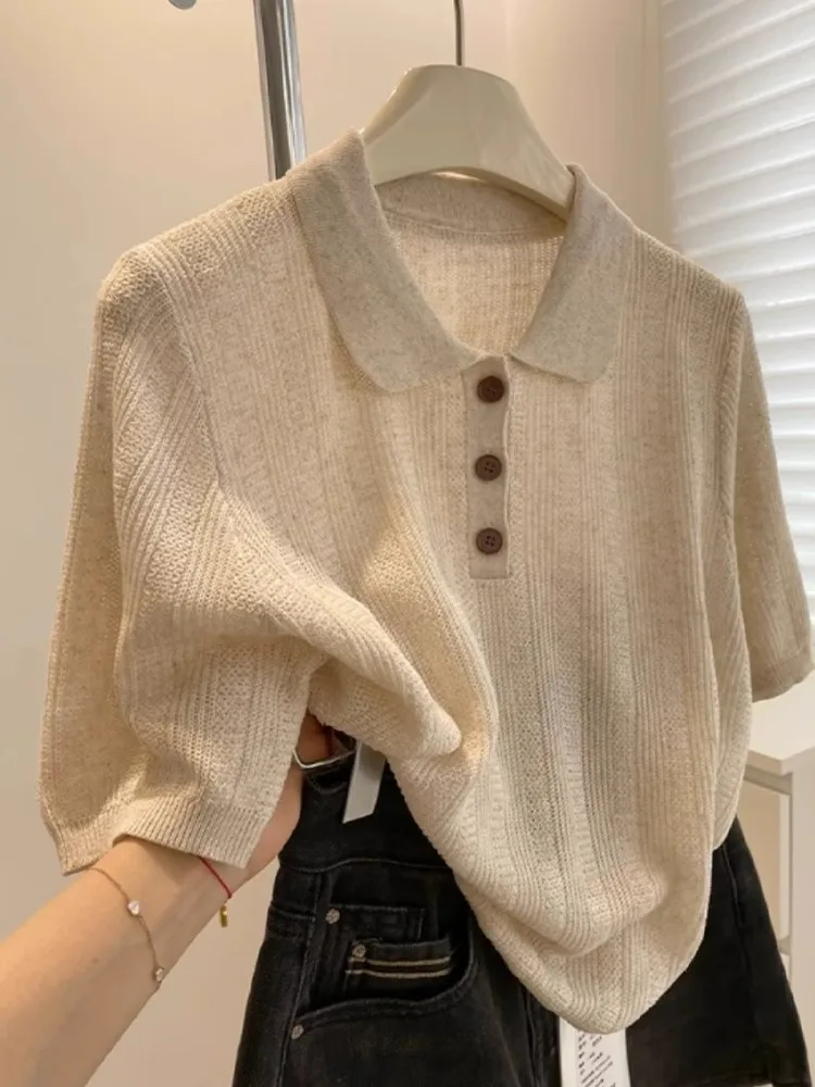 

Premium Oaeal Ne Knitted Ice Silk ort Sve T-irt Women Summer Loose Single Wear Good Looking Top