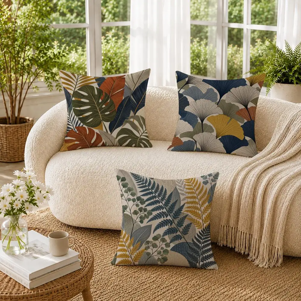 Stitch Textured Boho Botanical Leaf Cushion Cover Soft Short Plush Pillow Cases Hidden Zipper Cutecore Sofa Home Decor Gift