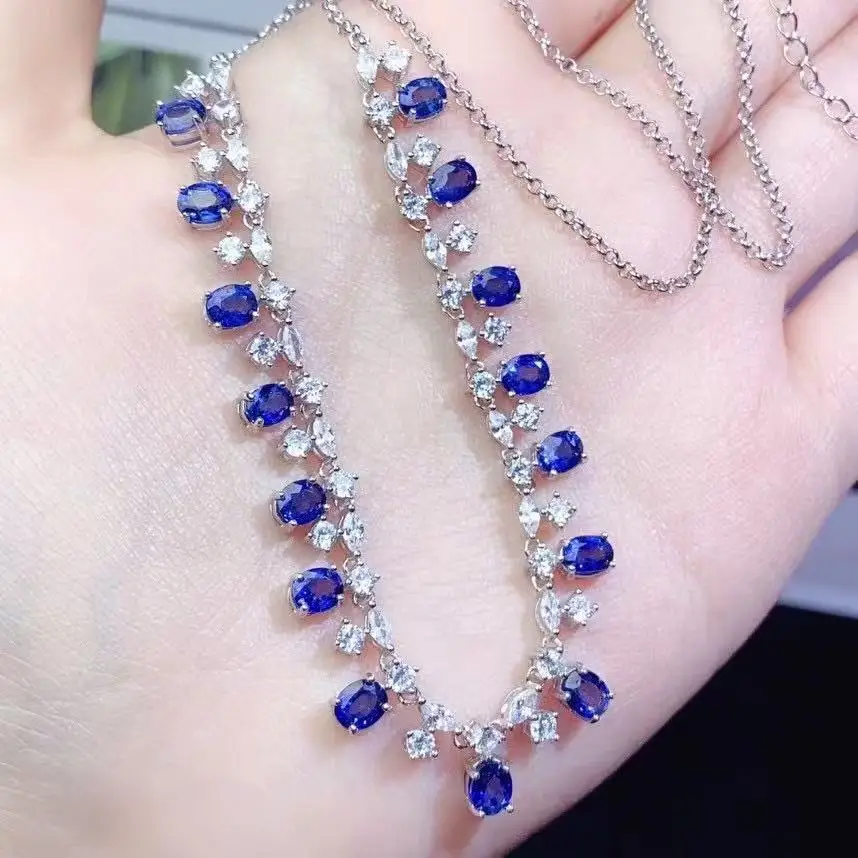 Ceylon Sapphire Necklace Heavy Luxury Craft, S925 Sterling Silver Delicate Collarbone Chain