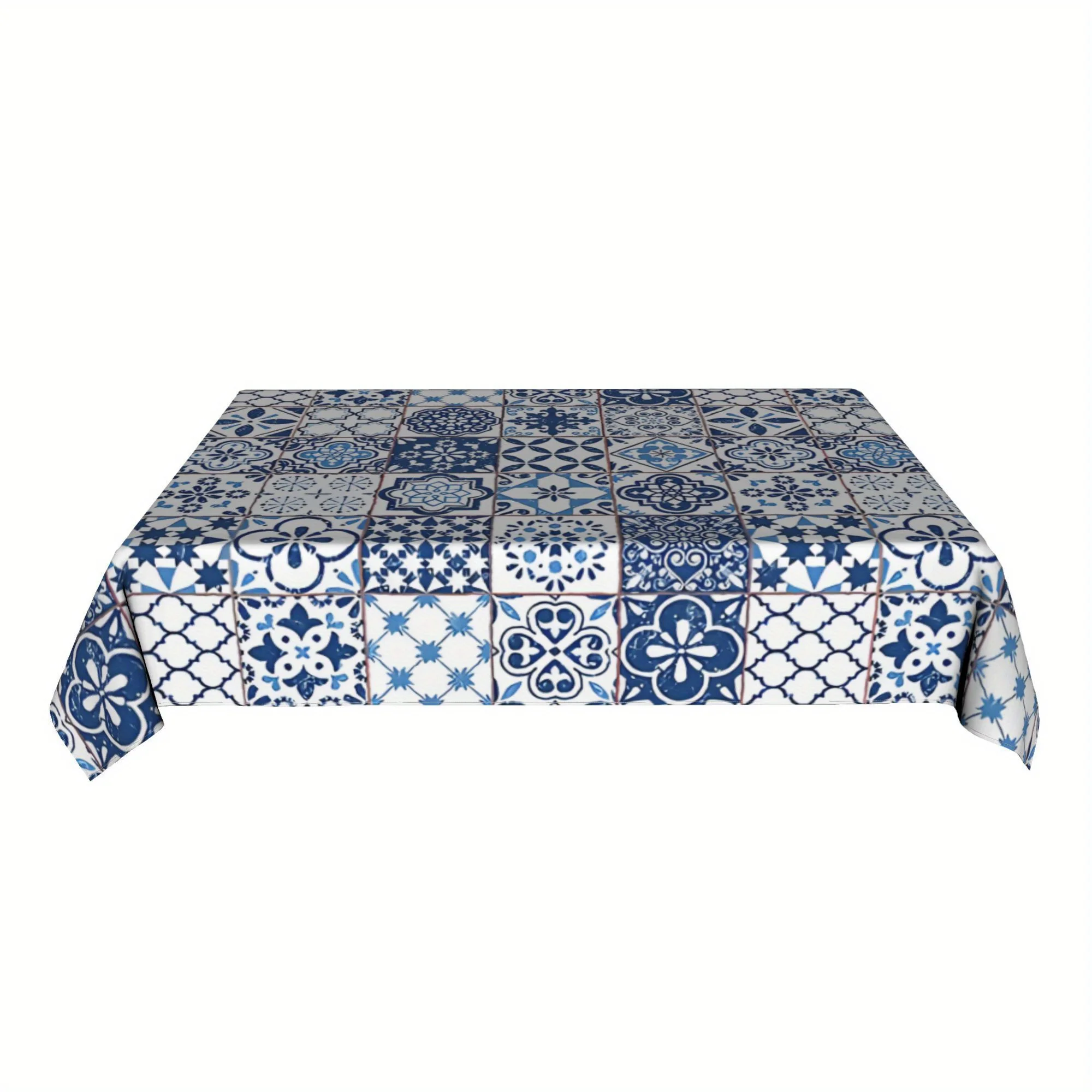 قطعة واحدة من غطاء طاولة Azulejos البرتغالية - طباعة زهور زرقاء وبيضاء، آلة - بوليستر، تصميم مستطيل لديكور المنزل