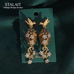 Vintage Rhinestones Inlay Hollow Bird Cage Drop Earrings for Women Dangle Ear Ring with Leaf Luxury Accessories Trending Jewelry