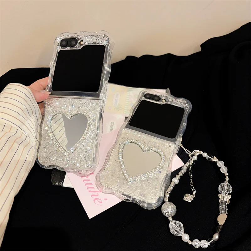 For Samsung Galaxy Z Flip 6 5 4 3 Phone Case with Cute Chain Glitter Love Heart Mirror Cases For Flip5 Flip4 5G Silicone Cover