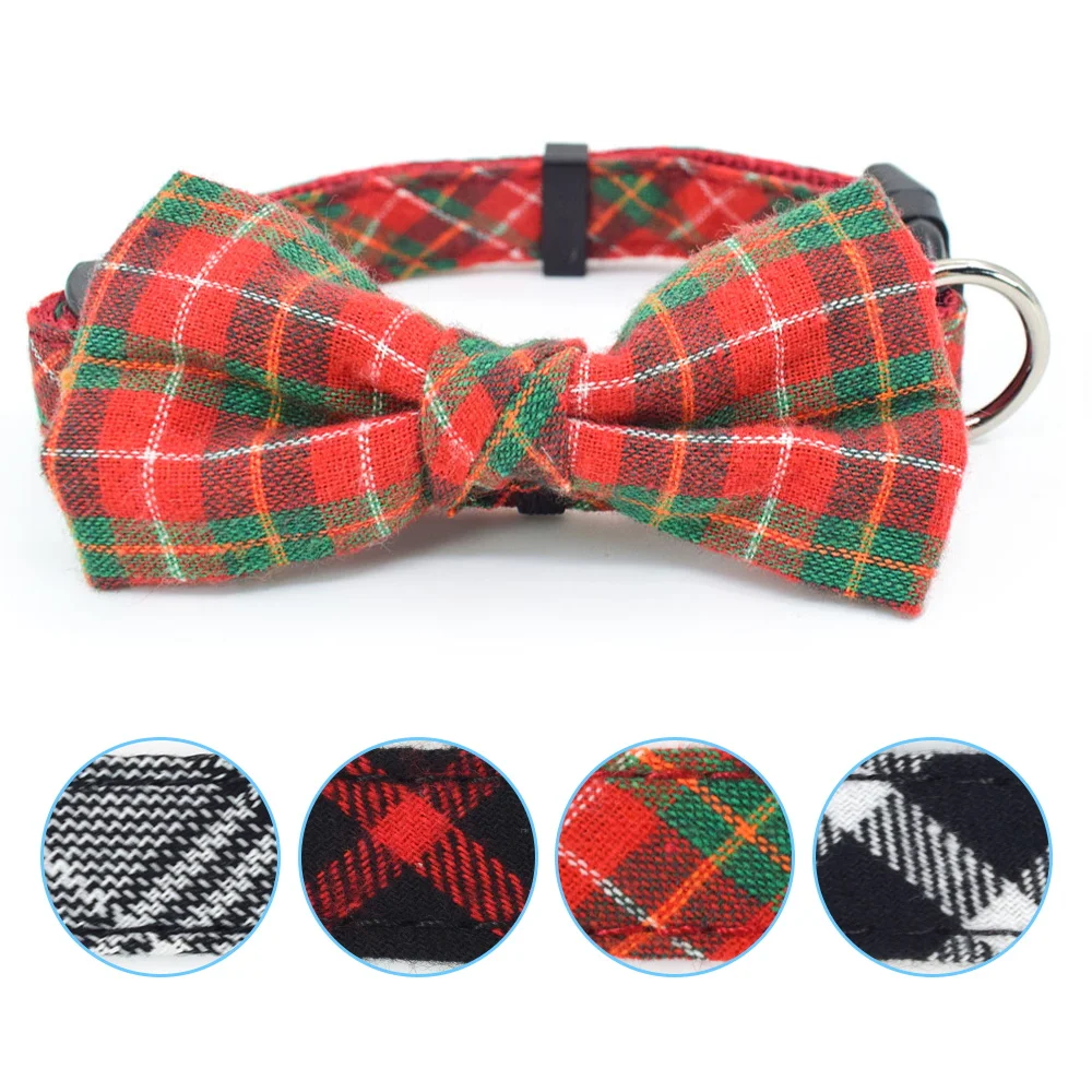 Nylon Plaid Bowknot Pet Collar Small and Medium Dog Leash Multicolor Optional Christmas Series