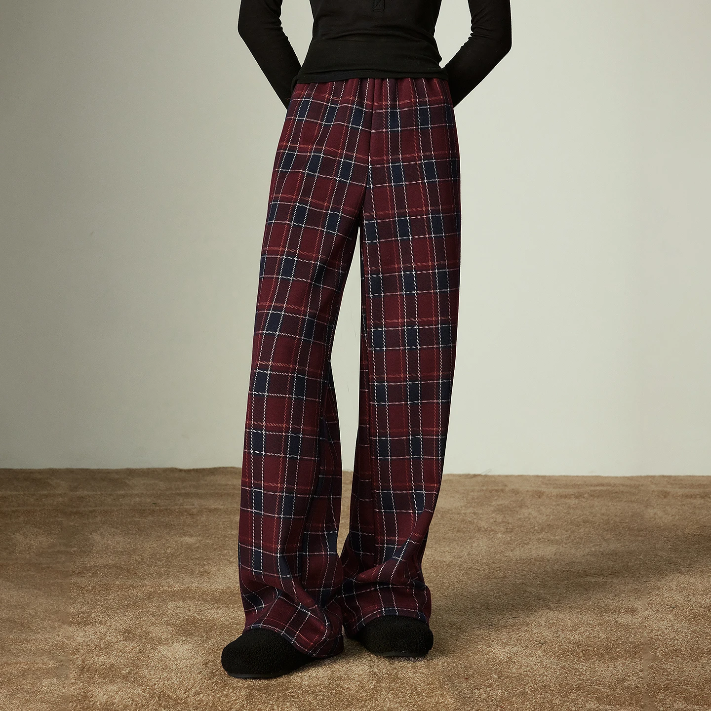 TOYOUTH dames wijde pijpen broek 2025, winter nieuwe vintage geruite fleece gevoerde luie ontspannen pasvorm elastische taille casual broek