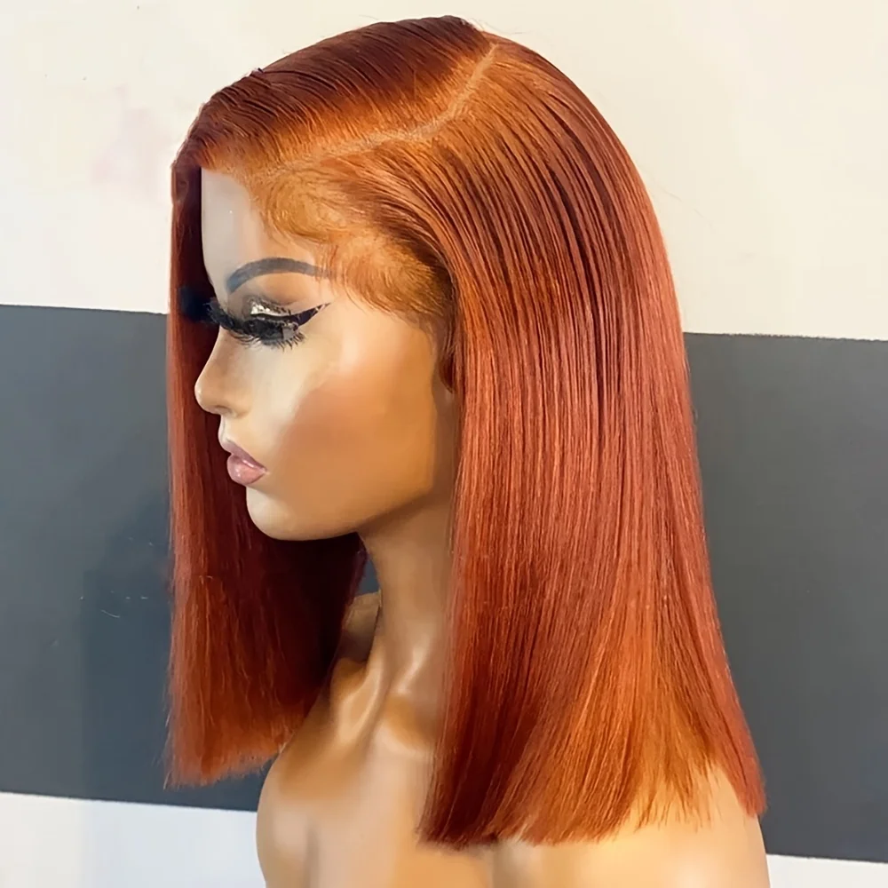 Wig Rambut Sintetis Lurus Bob Pendek Lembut Warna Oranye Ginger 180 Density Tanpa Lem 13*4*1 Lace Front Untuk Wanita Kulit Hitam Babyhair PrePlucked