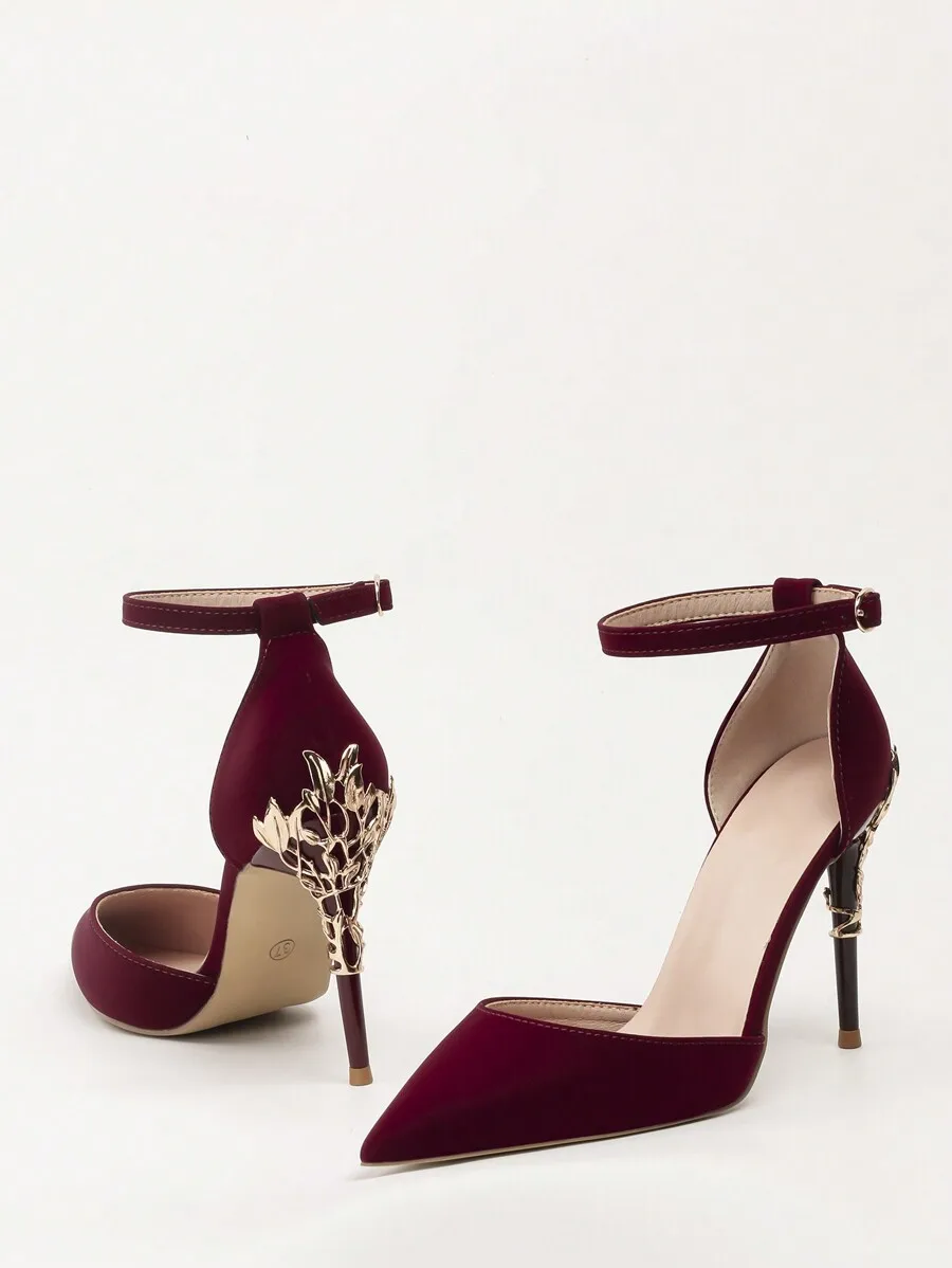 

European And American Style Fashionable Metal Flower Stiletto High Heel Wedding Shoes For Women, Pointed Toe Ankle Strap Sandals
