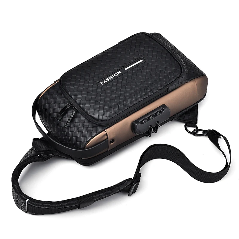 Men Fashion Chest Bag Anti-theft Tape Bag Portable Backpack with USB Charging Port Male PU Shoulder Outdoor Sports Crossbody Bag