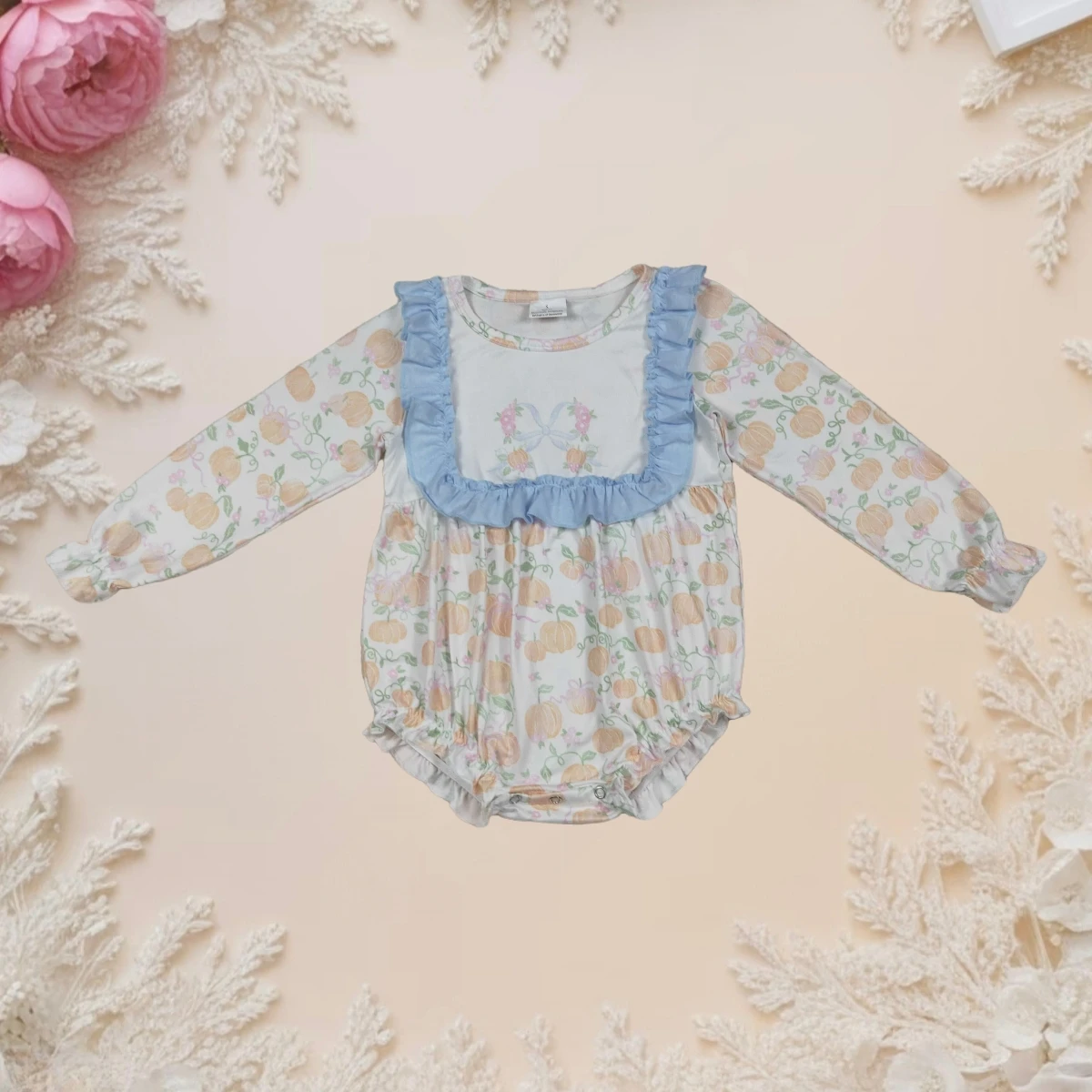 

Fall Newborn Bodysuit Baby Girl Thanksgiving Romper Cute Long Sleeve Crew Neck Bows Pumpkins Bows Ruffle Jumpsuit Infant Clothes