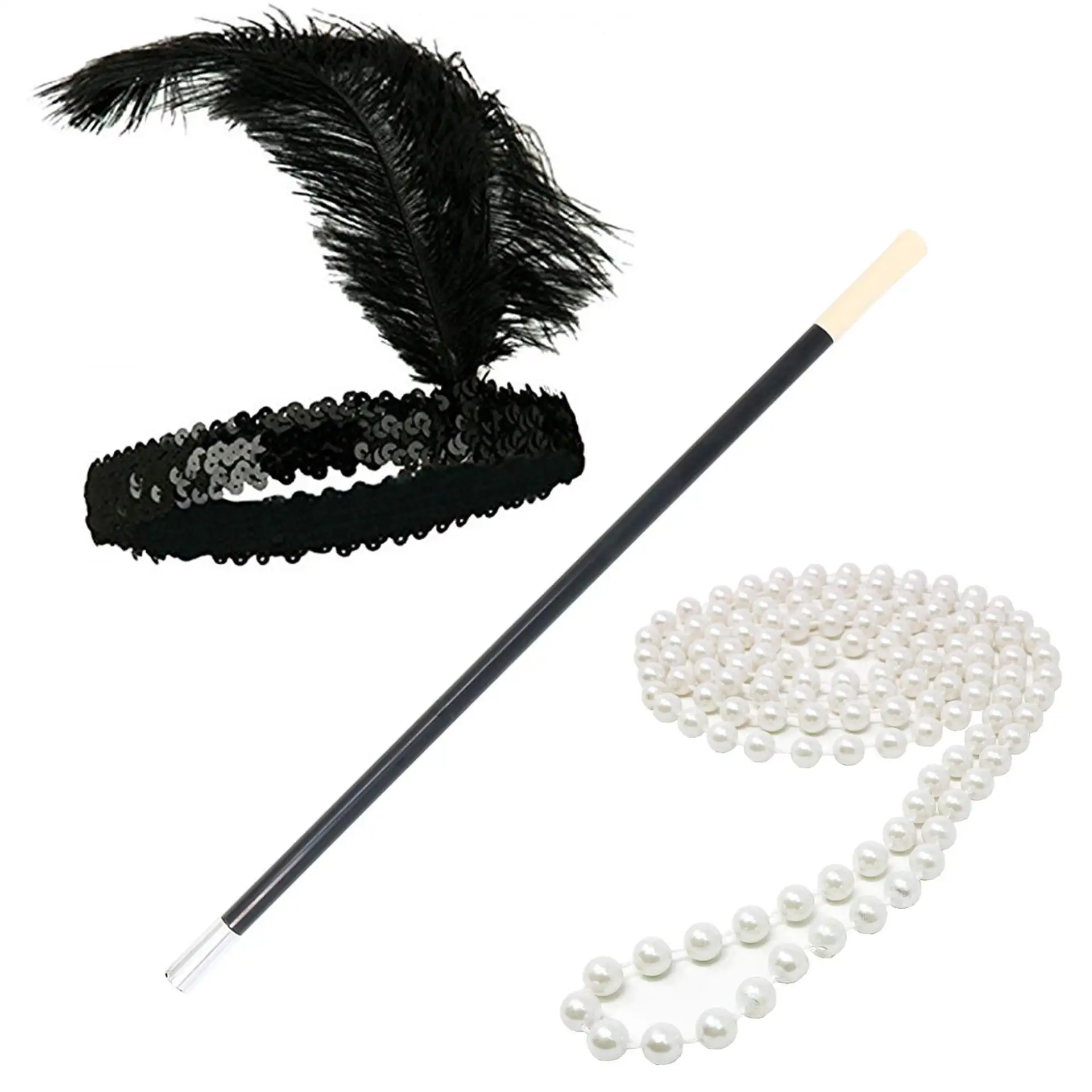 1920s Flapper Prom Dress Up Great Gatsby Wedding Party Black Feather Headband Retractable Smoke Rod Five Piece Set