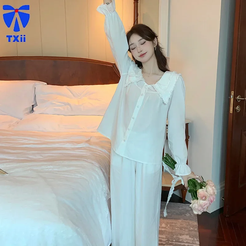 Pajamas Women\'s 2024 Summer Solid Color Long-sleeved Pants Two-piece Suit Loose Casual Cotton Home Clothes Spring and Autumn New