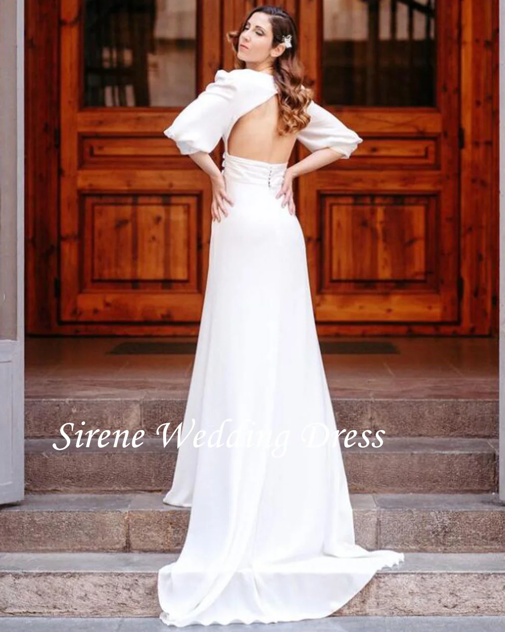 Sirene elegante Brautkleider mit V-Ausschnitt für Frauen mit langen Puff ärmeln Brautkleid eine Linie Sweep Train Robe de Mariée für Frauen