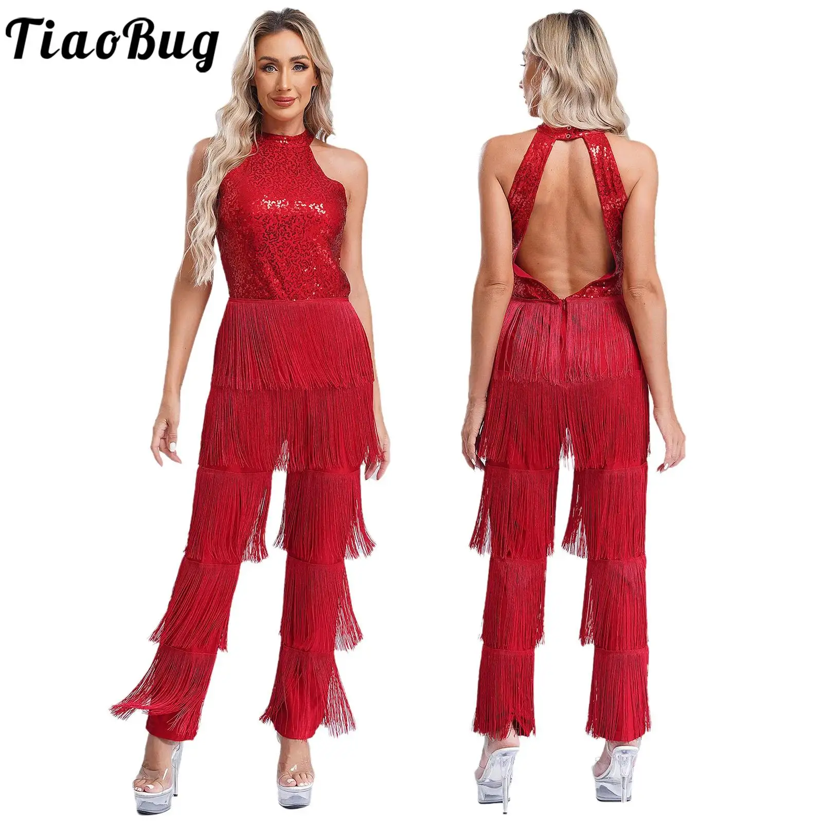 Sexy Sequins Tiered Tassel Jumpsuit for Ladies Girls Latin Cha Cha Dance Performance  Samba Fringe Pants Full Bodysuit Dancewear