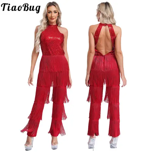 Mono de lentejuelas con borlas escalonadas para mujer y niña, traje completo de baile latino Cha, pantalones con flecos de Samba, ropa de baile Sexy