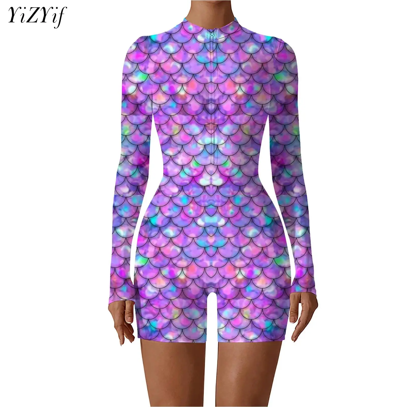 

Womens Fish Scale Printed Jumpsuit Zipper Front Romper Playsuit Long Sleeve Stretchy Bodysuit for Halloween Cosplay Theme Party