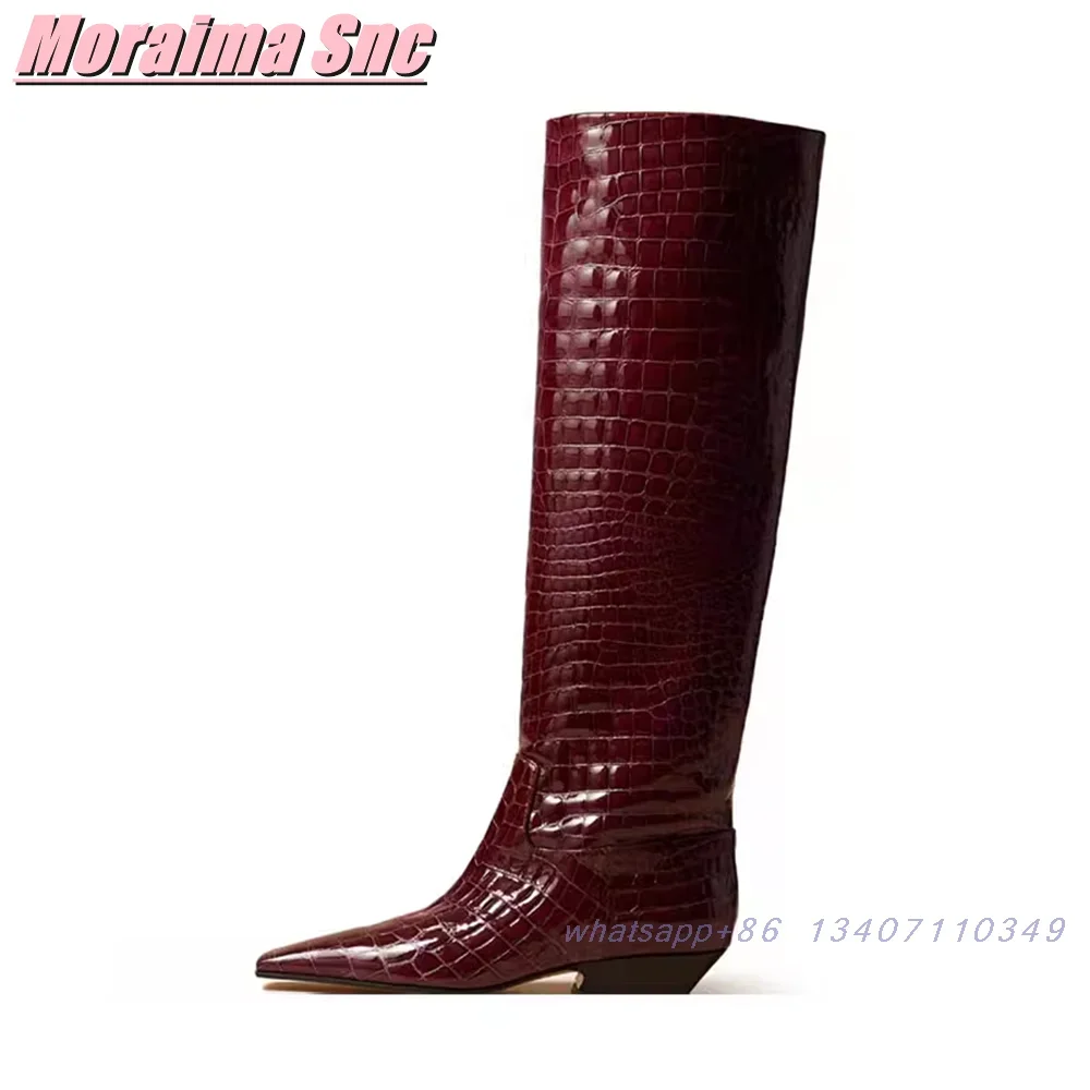 Angora Red Crocodile Pattern Long Boots Patent Leather Pointed Toe Block Chunky Heel Fashion Women's Knee High Boots Winter 2025