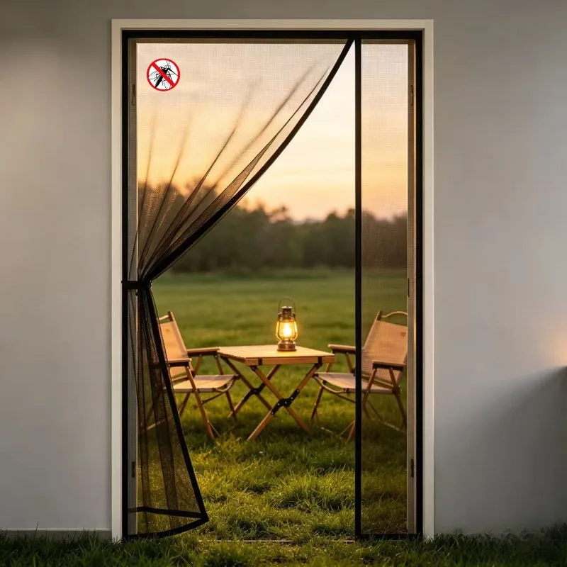 Black Magnetic Fly Screen Door, Anti Insect Privacy Mesh Curtain, Auto Close No Drill Hook&Loop for Home Entrance Door